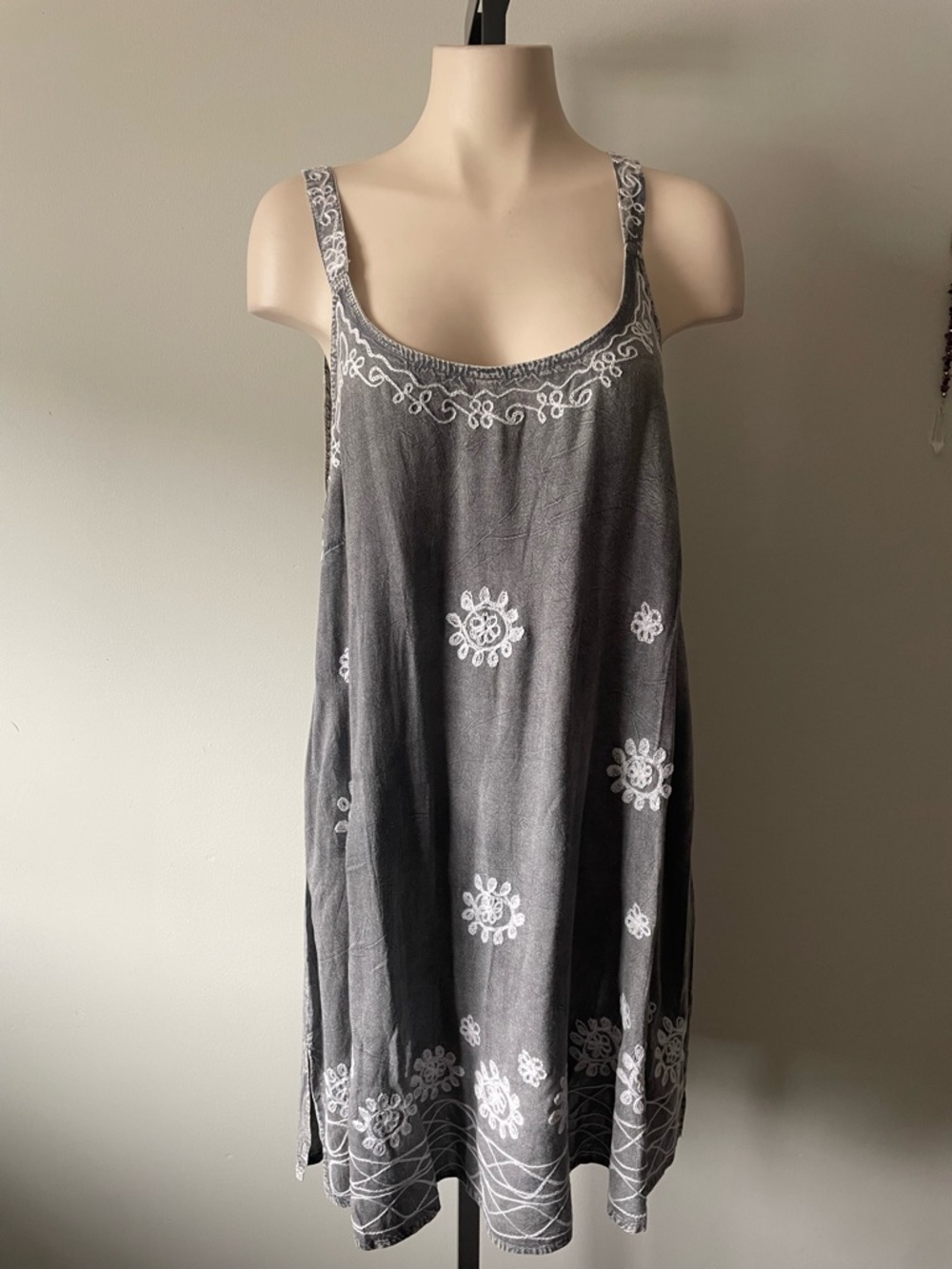 Daisy Island Boho Acid Wash Embroidered Sun Dress Whimsigoth 90s Size Large